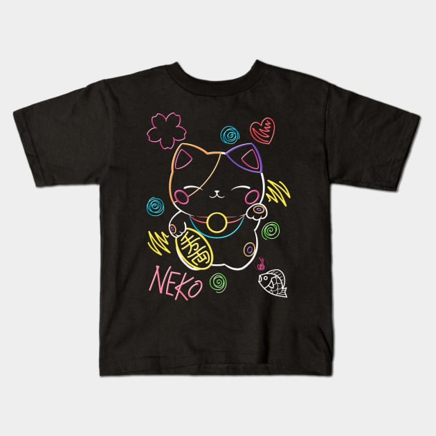 Neon Neko (3) - Cute neon light Japanese beckoning cats to bring you good luck Kids T-Shirt by SamInJapan